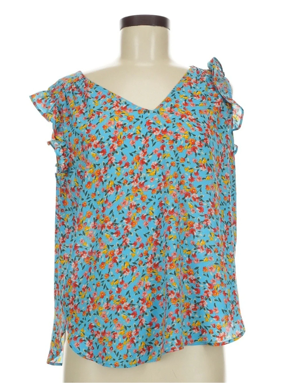 Loft Blue Floral V-Neck Ruffle Sleeve Women’s Top size M